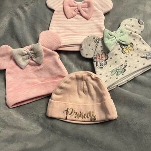 4pc NWOT Disney newborn Pink and Gray Baby Beanie hat Set EUC gerber hat
